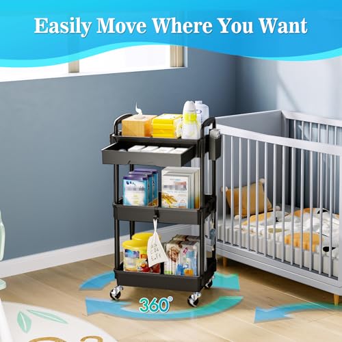 Black 3-Tier Rolling Storage Cart with Removable Drawers & Lockable Wheels