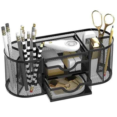 SUPEASY Mesh Desk Organizer, Desk Organizers and Accessories, Pen Holder with Drawers, Pencil Holder for Desk with 2 Drawer for Office Supplies, Black