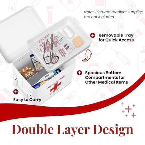 Flexzion First Aid Box Organizer, Empty 8.5 Inch White Vintage First Aid Kit Tin Metal Medical Box Storage Container Bins with Dividers, Removable Tray and Cross Logo