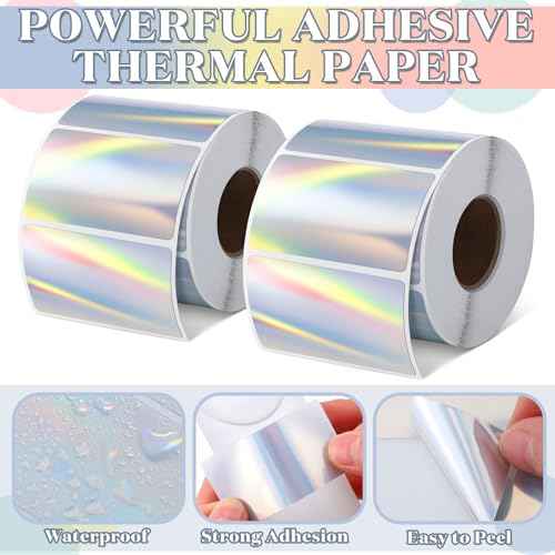 Kosiz 1000 Labels/ 2 Rolls Holographic Thermal Sticker Labels Self Adhesive Printable Thermal Rainbow Stickers for DIY Logo Design Qr Code Name Tag(Holographic Rectangular Style,3" X 2")