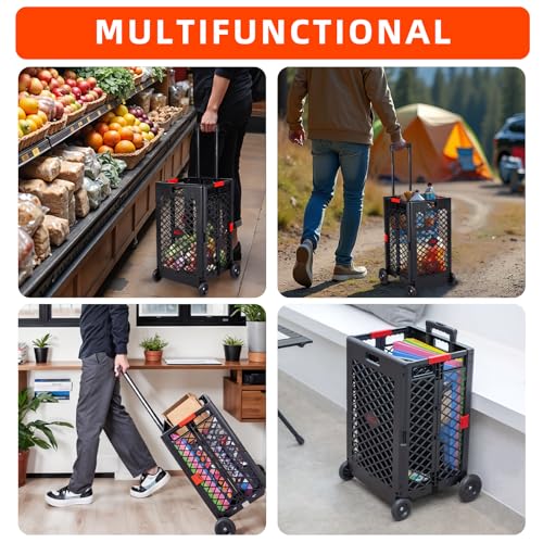 JJRING Mesh Rolling Utility Cart, Foldable Shopping Cart, Heavy Duty Utility Cart with Rolling Wheels for Groceries and Laundry