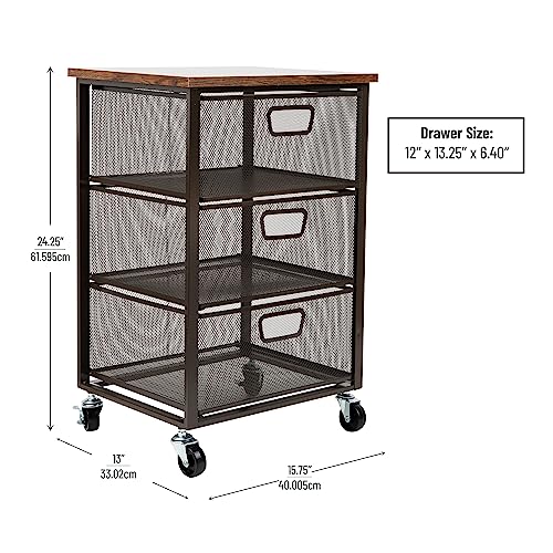 Mind Reader 3-Drawer Wood-Top Rolling Office Organizer Cabinet with Mesh Drawers – Black