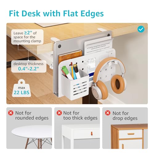 Desk Side Storage Organizer, No Drill Under Desk Laptop Holder, Clamp on Desks Shelf with Pegboard Accessories, Hanging Laptop Mount, Fits Flat Edge 0.4" to 2.2", White