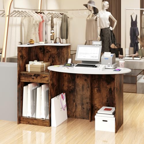 GIANTEX White & Rustic Brown Reception Desk with Lockable Drawer, Oval Top & Adjustable Shelf