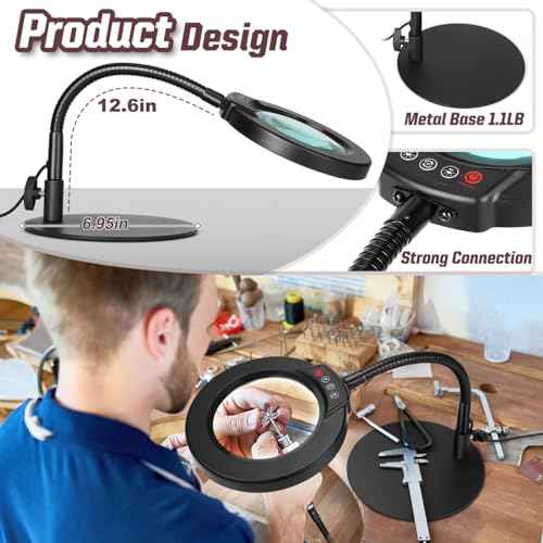 10X Magnifying Glass with Light and Stand, 5 Color Modes Stepless Dimmable LED Lighted Desk Lamp, Hands Free Flexible Gooseneck Magnifier with Light for Craft Hobby Painting Sewing Close Work