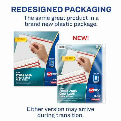 Avery 8 Tab Plastic Dividers for 3 Ring Binder, Easy Print & Apply Clear Label Strip, Index Maker Customizable Frosted White Tabs, 5 Sets (12450)