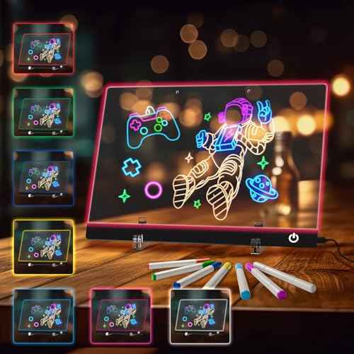 Led Note Board with 7 Colors 13.7"X10", Acrylic Dry Erase Board with Light, Doodle Glow Drawing Board with 5 Modes, Touch Control, LED Drawing Board for Kids with Stand, 7 Markers