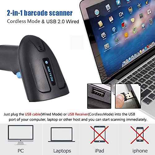 REALINN Wireless 2D QR Barcode Scanner Rechargeable Automatic Handheld Code Reader Dustproof Waterproof Shockproof Fast and Precide for Mobile Payment, Store, Supermarket, Warehouse