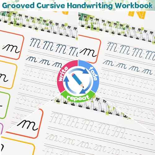 chiazllta Grooved Cursive Handwriting Workbook with Disappearing Ink Pens Magic Reusable Grooved Cursive Writing Practice for Beginners Kids Kickoff Student Workbook Homeschooling Supplies (Letters)