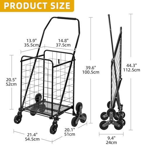 DWVO Folding Stair Climber Shopping Cart, Tri-Wheel Design & 360¡Æ Swivel Wheels, Ideal Heavy Duty Utility Cart for Shopping, Laundry, Travel & Stairs for Seniors
