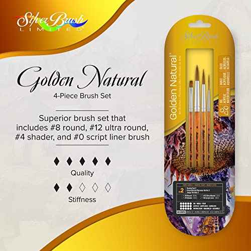 Silver Brush Limited GN-2091S Golden Natural Variety Set, Paintbrushes for Oil, Acrylic, Watercolor, Gouache, Inks, & Dyes, Set of 4, Round, Ultra Round, Shader, and Script Liner Brushes, Short Handle