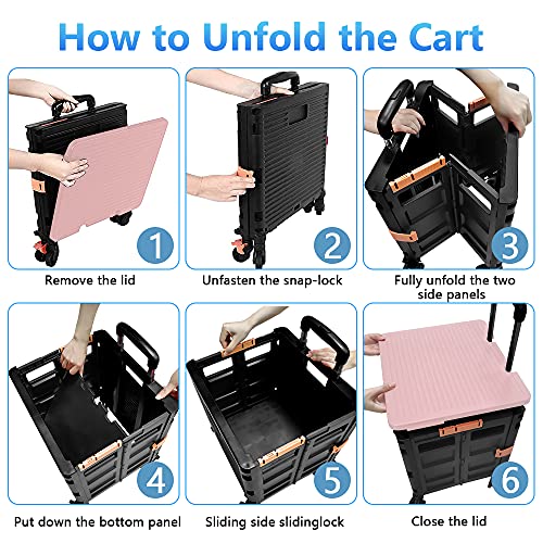 Quick Utility Cart Folding Portable Rolling Crate Handcart with Durable Heavy Duty Plastic Telescoping Handle Collapsible 4 Rotate Wheels for Travel Shopping Moving Luggage Office Use (black&pink lid)
