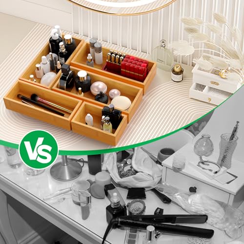Bamboo Drawer Organizer Set - 5-Piece Kitchen, Bathroom & Office Storage Trays