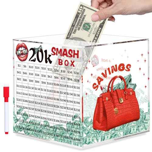 20k Smash Box for Money, Large Piggy Bank for Adults 20000 Savings Challenge Box, Money Saving Box for Cash, Big Unbreakable Clear Acrylic Money Saver Must Break to Open