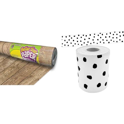 Teacher Created Resources Rustic Wood Bulletin Board Roll TCR77884 and Black Painted Dots Border Trim TCR8910