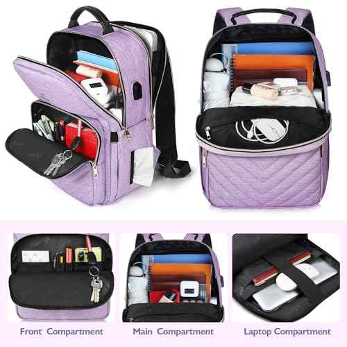 MATEIN 17 Inch Laptop Backpack, Womens Travel Laptop Backpack, Large Water Resistant College Teacher Nurse Work Bag Lightweight Daypack Computer Bagpack with USB Charging Port, Light Purple