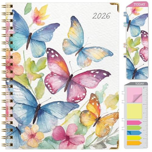 HARDCOVER 2026 Planner, 8.5"x11": 14 Months (November 2025 - December 2026), Daily Weekly Monthly Planner, Yearly Agenda, Bookmark, Pocket Folder and Sticky Note Set (Watercolor Butterflies)