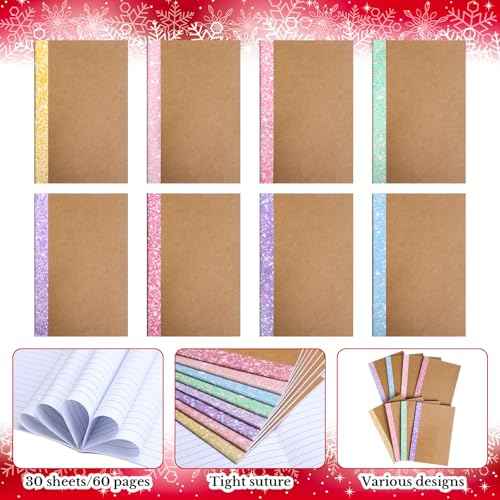48 Pcs Composition Notebooks Bulk A5 Kraft Cover Lined Journals with Glitter Spines Small Travel Journal Notebook for Student School Office Supplies, 5.5 x 8.3 Inch, 60 Pages, 30 Sheets