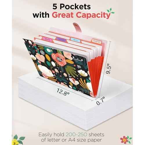 Sooez Expanding File Folders Organizer, Folders with 5 Pockets, Folders for Documents w/Sticker, Accordion File Organizer, Paper Receipt Bill Filing Organizer, School Office Travel Essentials Supplies