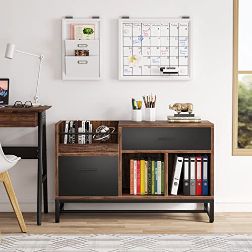 LITTLE TREE 39-Inch File Cabinet with 2 Drawers, Small Lateral Filing Cabinet Under Desk Storage, Wood Printer Stand with Open Storage Shelves for Home Office Organization