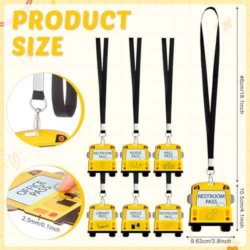 6 Sets School Bus Shape Hall Pass Lanyards and School Passes Set Back to School Bus Wooden Restroom Passes Cards for Hall Nurse Library Office Counselor Teacher Student Supplies Gift