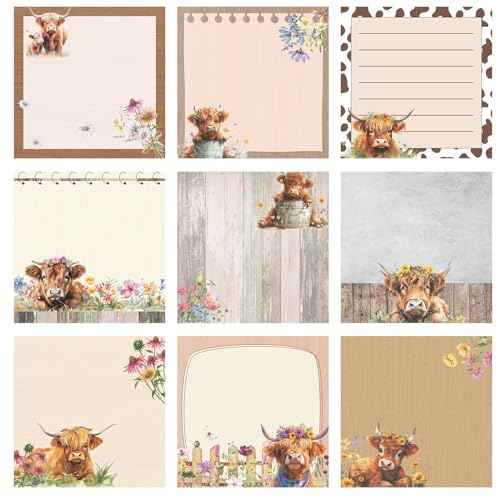9 Pads Highland Cow Sticky Notes 3x3 Inch Cute Self Stick Notepads Notes Adhesive Memo Pad Office Decor Gifts for Students School Teacher Meeting Office Supplies