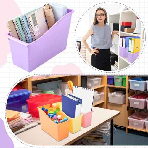 Blosssound 6 Set Book Bin with Label Stickers Plastic Stackable Organizing Bins 11.4 x 5.5 x 7.5 Inch Storage & Organization for Book Box Baskets for Classroom Library Home School Supplies