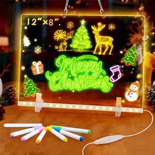 LED Note Board with 7 Colors, 12X8¡± 4 Modes &7 Colors Acrylic Dry Erase Boards with Light, Led Drawing Board with 7 Markers for Office School Home, Doodle Glow Board for Halloween/Christmas Gifts