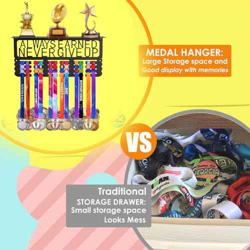 Upgraded Medal Display with Trophy Shelf & Ribbon Holder - Wall Mount Sports Medal Hanger with Motivational Words for Basketball, Gymnastics, Softball, Soccer, Swimming Awards