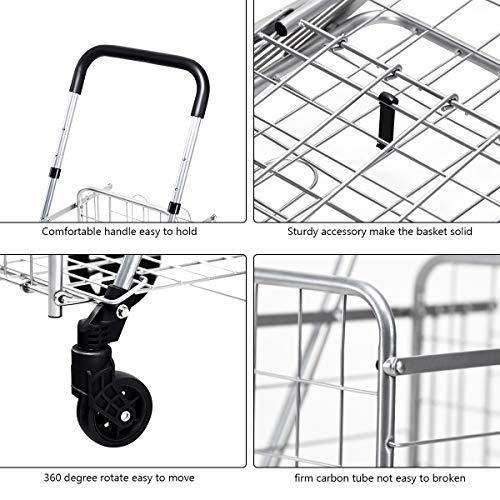 PETSITE Foldable Shopping Cart, Utility Cart Double Basket Cart for Grocery Laundry Travel with Swivel Wheels