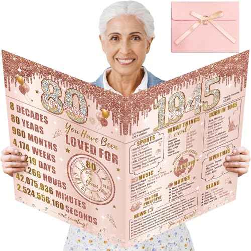 Large 80th Birthday Card With Envelope for Women, Pink Rose Gold The Year 1945 Happy 80th Birthday Giant Guest Signature Book Gift, Extra Big Eighty Greeting Card Decoration Party Supply