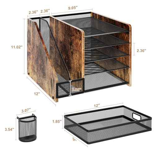 Marbrasse Desk Organizer with File Holder, 5-Tier Paper Letter Tray Organizer with Drawer and 2 Pen Holder, Mesh Desktop Organizer and Storage with Magazine Holder for Office Supplies (Wood-Brown)