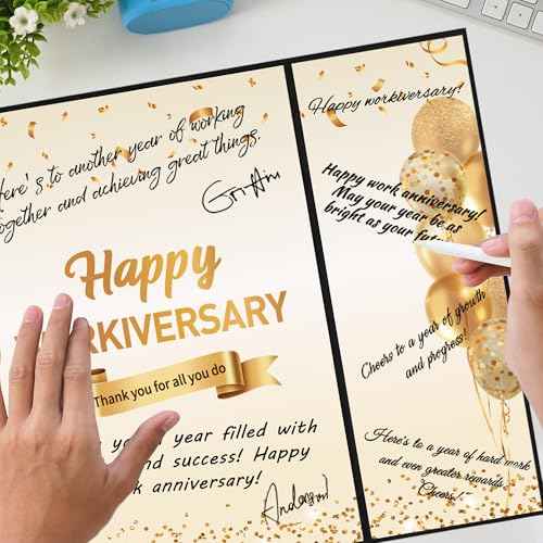 DARUNAXY Black Gold Happy Workiversary Party Decorations, Happy Work Anniversary Alternative Signature Guest Book for Men Women Employee Business Gifts Signing Card Board for Office Supplies