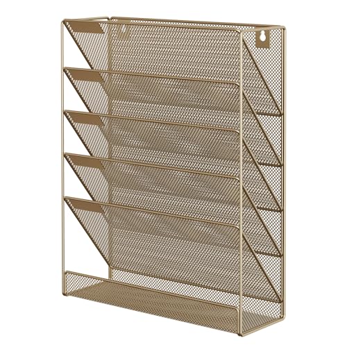 EasyPAG Gold 5-Tier Wall File Holder Mesh Organizer with Labels, Vertical Office & Home Desk Storage