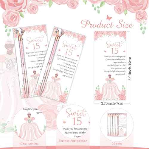 50 Sets Quinceanera Party Favors Sweet 15th Thank You Gifts Big Crystal Diamond Pens with Thank You Cards Retractable Ballpoint Bling Pens 15 Birthday Mis Quince Gifts for Guests (Rose Gold)