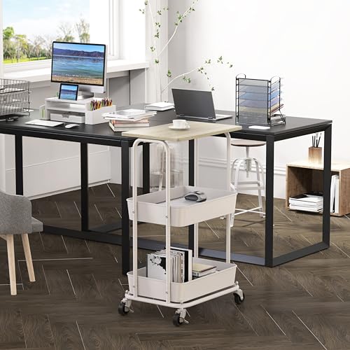 Simple Houseware 2-Tier Rolling Utility Cart with Lockable Wheels and Wood Top, Metal Storage Organizer Trolley for Kitchen, Bathroom, Office, Craft Room, Maple