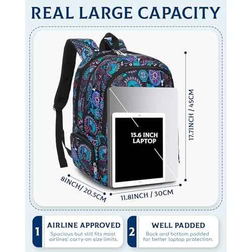 Large Backpack for Women Backpack with Lots of Pockets for Travel Work School Bookbag with Laptop Compartment for High School College Girls Mochilas Morrales para Mujer (Black/Teal, Paisley)