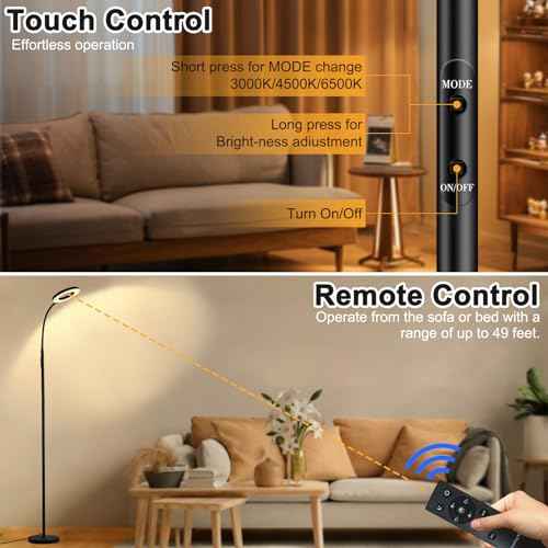 Floor Lamp, LED Reading Light, Bright Modern Tall Lamps, 3 Color Temperatures & Adjustable Brightness Gooseneck Standing Lamp with Remote & Touch Control for Living Room, Bedroom, Office