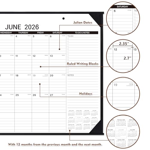 2026 Desk Calendar - Large Desk Calendar 2026, Jan. 2026 - Dec. 2026, 22" x 17", 2026 Calendar, 4 Corner Protectors, 2 Hanging Holes, Holidays, Julian Dates, TO-DO & Notes Section