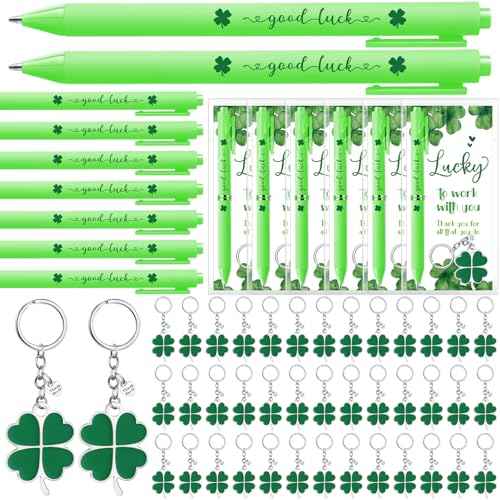 48 Sets St Patrick's Day Gifts for Employee Good Luck Ballpoint Pens Shamrock Ballpoint Pens Four Leaf Clover Keychains with Thank You Cards for Team Staff Teacher Coworker