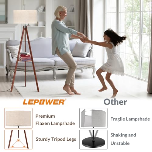 LEPOWER Tripod Floor Lamp, Mid Century Wood Standing Lamp, Modern Design Shelf Floor Lamp for Living Room, Bedroom, Office, Flaxen Linen Shade with E26 Base Brown