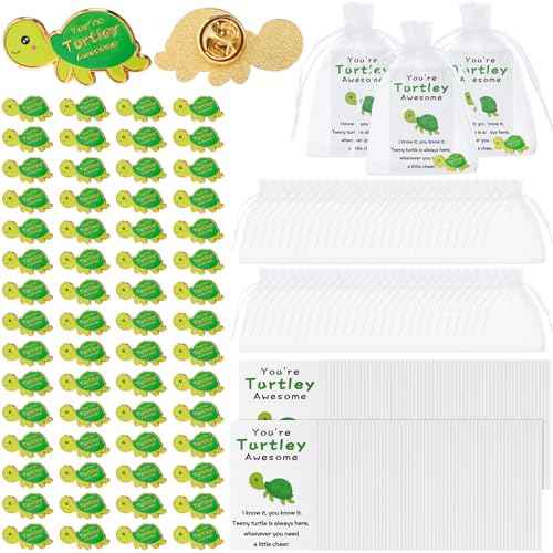 Juexica 100 Sets Employee Appreciation Gifts Bulk Positive Turtle Pins You're Awesome Inspirational Notecard Thank You Gift for Coworker Staff Volunteer Teacher Students Christmas Favor (Green)