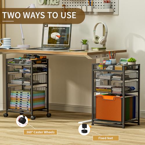 JKsmart Rolling File Cart with 3 Drawers (Black) - Under-Desk Filing Cabinet with DIY Dividers, A4/Letter Size