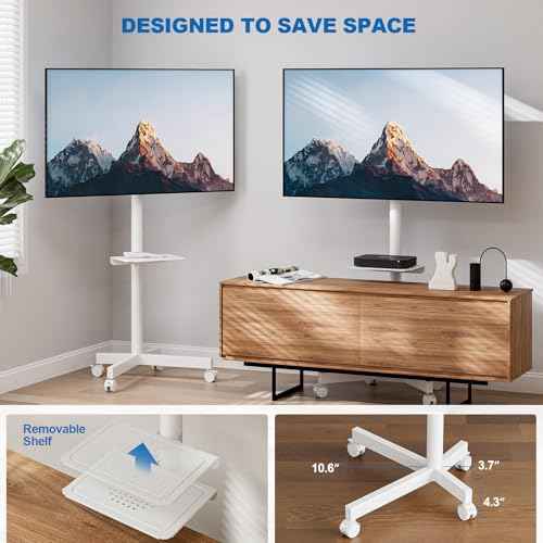 Mobile TV Stand for 23-65 Inch LCD LED Flat/Curved Panel Screen TVs, Height Adjustable Rolling TV Stand with Tilt Mount and Shelf, Portable Stand Holds up to 110 lbs, Max VESA 400x400mm, White