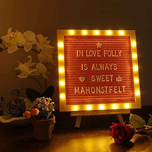 Pink Felt Letter Board with Stand, Built-in LED Lights With Tripod Stand and Wall Mount Hanger for Party Home Decor(10x10),Menu Board, 340 Letters for Custom Sign Messages, Party Planning (Pink)