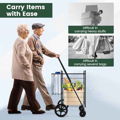 Byroce Folding Shopping Cart, Jumbo Grocery Cart on Wheels w/Double Basket, Portable Handle & Rolling Swivel Wheels, Heavy Duty Utility Cart for Groceries Laundry Book Travel Luggage (Black)