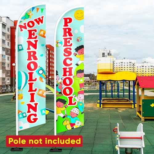 Now Enrolling Feather Banner - Preschool Swooper Flag - First Day of Preschool Flag - Pre School Sign Banner - Set of Two Advertising Flags 12ft x 2.5ft (Pole not included)