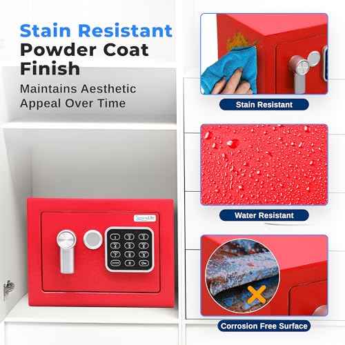 SereneLife Premium Steel Digital Safe Box - 9.1" x 6.7" x 6.7" | Secure Storage for Cash, Firearms & Jewelry | Great For Hotels, Cabinets & Home Use | Electronic & Mechanical Access | 2 Keys | Red