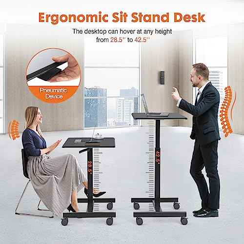 Sweetcrispy Small Mobile Rolling Standing Desk - Overbed Table, Teacher Podium with Wheels, Adjustable Work Table, Rolling Desk Laptop Computer Cart for Home, Office, Classroom, Black