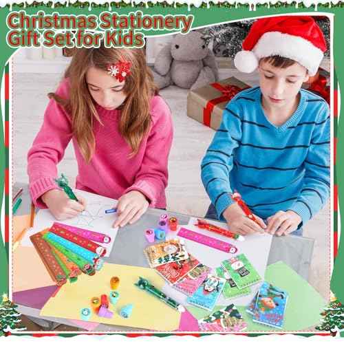 Zhanmai 84 Pcs Christmas Stationery Party Favor Bulk 16.5 x 13.8" Christmas Drawstring Backpack Multicolor Ballpoint Pen Ruler Stamp Notebook for Christmas Stationery Gift Classroom Prize for Kids